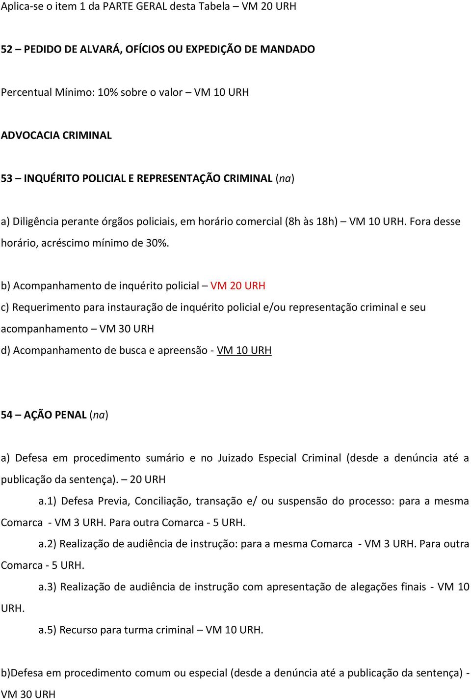 b) Acompanhamento de inquérito policial VM 20 URH c) Requerimento para instauração de inquérito policial e/ou representação criminal e seu acompanhamento VM 30 URH d) Acompanhamento de busca e