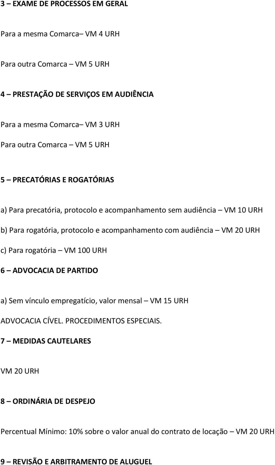 audiência VM 20 URH c) Para rogatória VM 100 URH 6 ADVOCACIA DE PARTIDO a) Sem vínculo empregatício, valor mensal VM 15 URH ADVOCACIA CÍVEL. PROCEDIMENTOS ESPECIAIS.