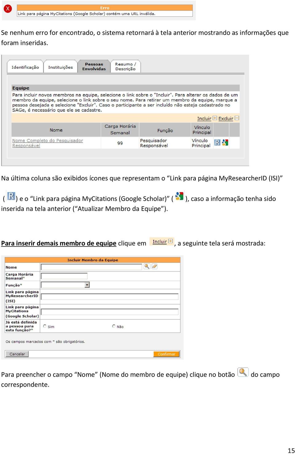 (Google Scholar) ( ), caso a informação tenha sido inserida na tela anterior ( Atualizar Membro da Equipe ).