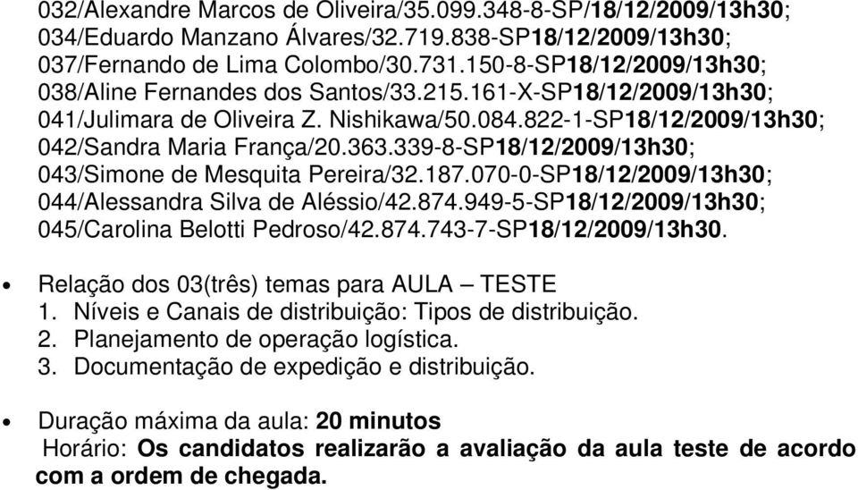 822-1-SP18/12/2009/13h30; 042/Sandra Maria França/20.363.339-8-SP18/12/2009/13h30; 043/Simone de Mesquita Pereira/32.187.