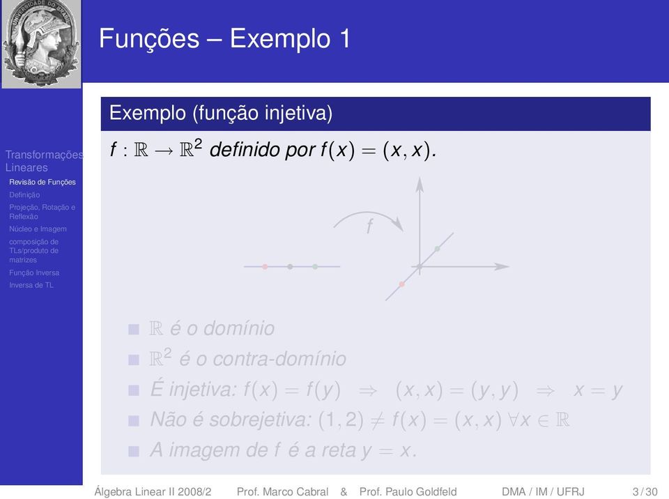 = y Não é sobrejetiva: (1, 2) f (x) = (x, x) x R A imagem de f é a reta y = x.