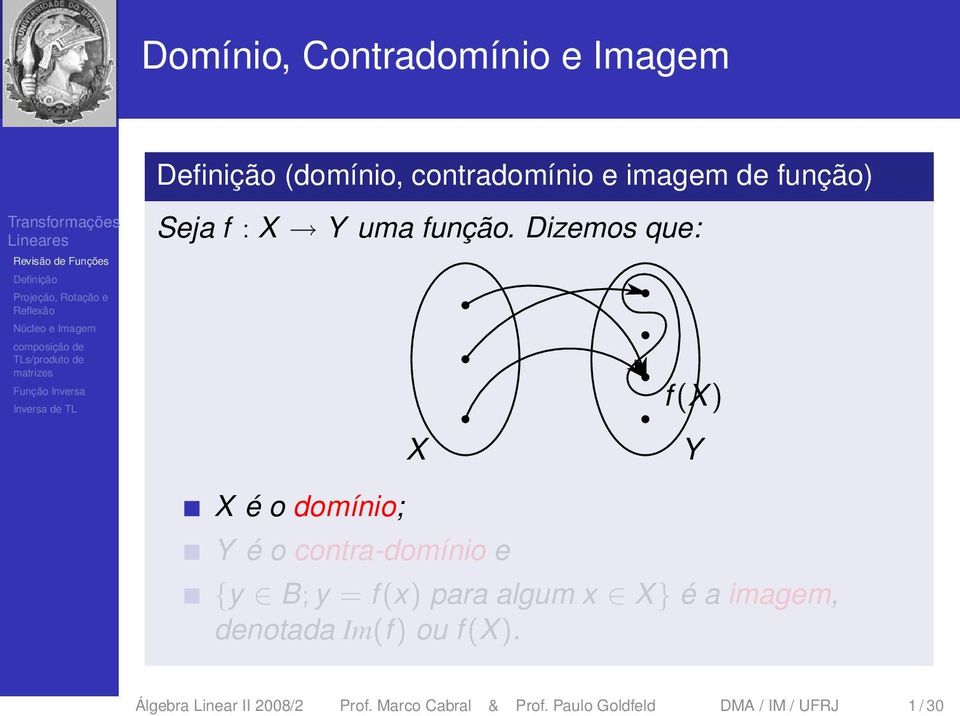 Dizemos que: f (X) X Y X é o domínio; Y é o contra-domínio e {y B; y = f (x)