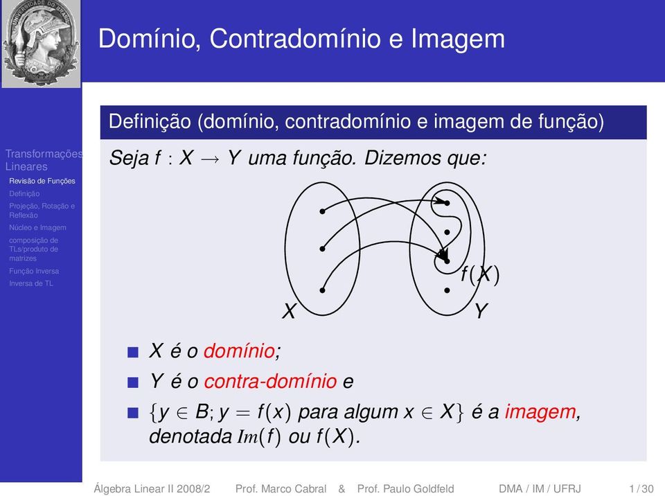 Dizemos que: f (X) X Y X é o domínio; Y é o contra-domínio e {y B; y = f (x)