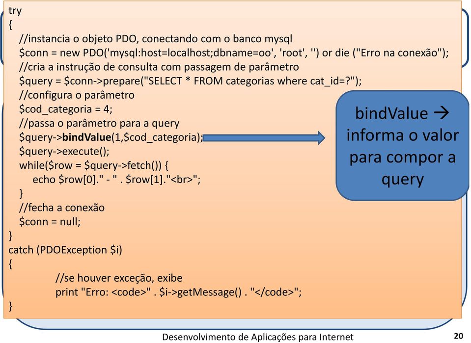"); //configura o parâmetro $cod_categoria = 4; //passa o parâmetro para a query $query->bindvalue(1,$cod_categoria); $query->execute(); while($row