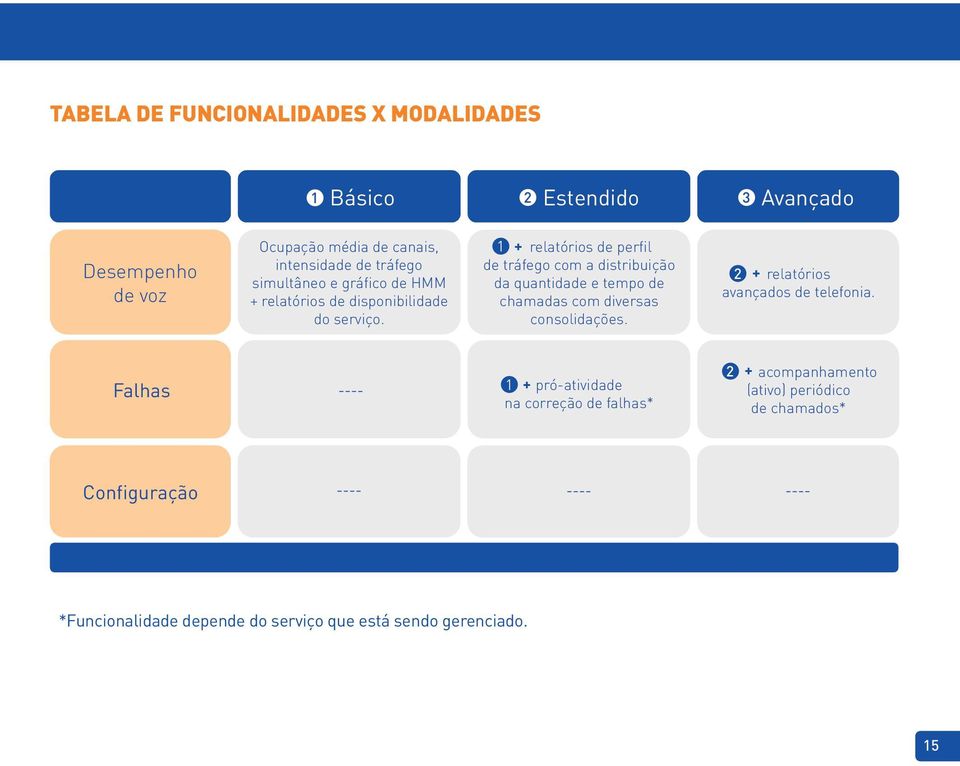 1 + relatórios de perfil de tráfego com a distribuição da quantidade e tempo de chamadas com diversas consolidações.