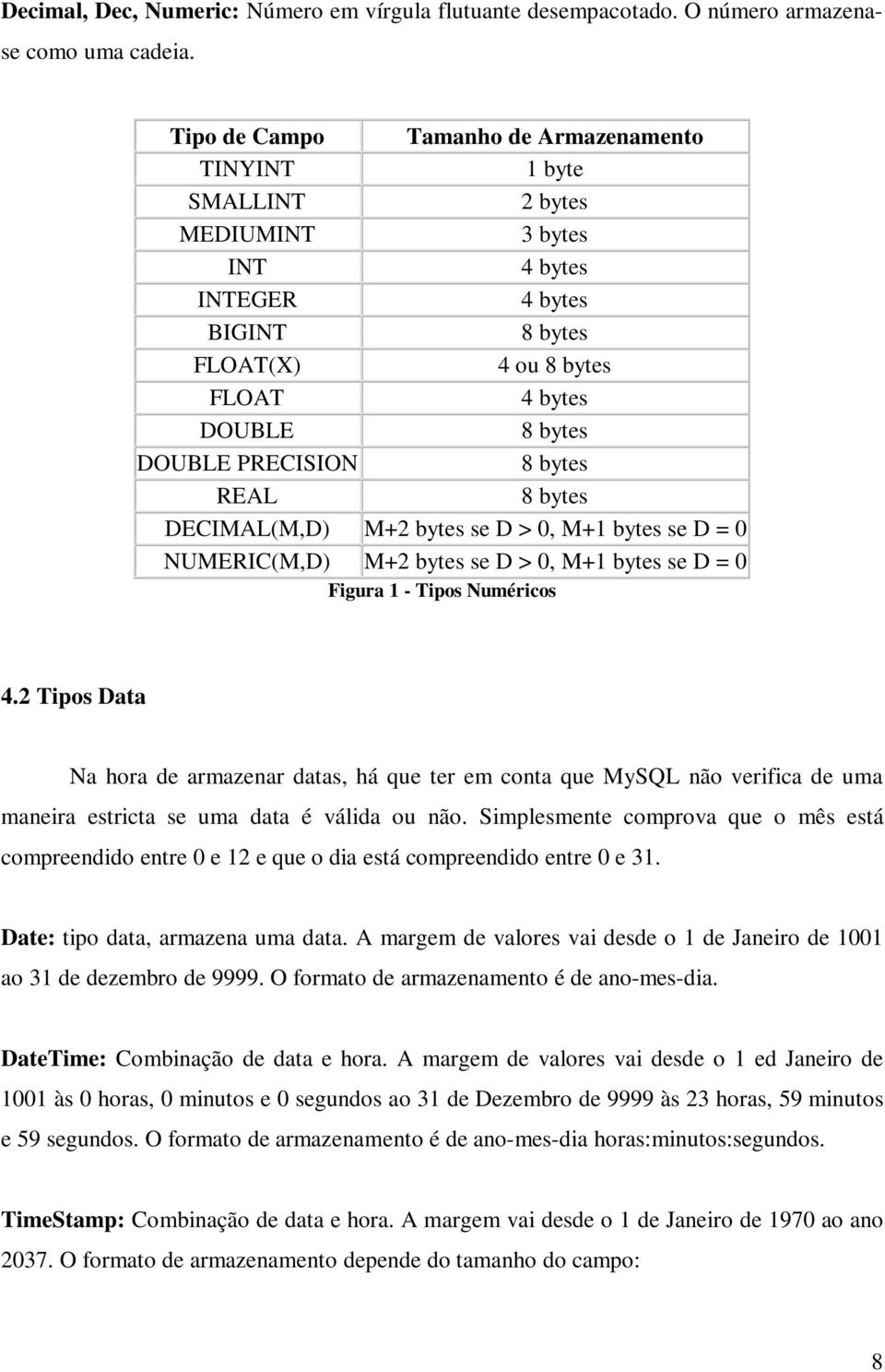 8 bytes REAL 8 bytes DECIMAL(M,D) M+2 bytes se D > 0, M+1 bytes se D = 0 NUMERIC(M,D) M+2 bytes se D > 0, M+1 bytes se D = 0 Figura 1 - Tipos Numéricos 4.