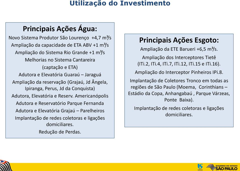 Americanópolis Adutora e Reservatório Parque Fernanda Adutora e Elevatória Grajaú Parelheiros Implantação de redes coletoras e ligações domiciliares. Redução de Perdas.