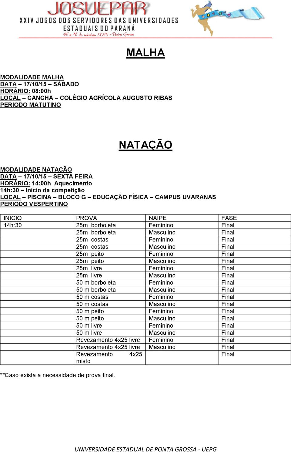 Masculino Final 25m peito Feminino Final 25m peito Masculino Final 25m livre Feminino Final 25m livre Masculino Final 50 m borboleta Feminino Final 50 m borboleta Masculino Final 50 m costas Feminino