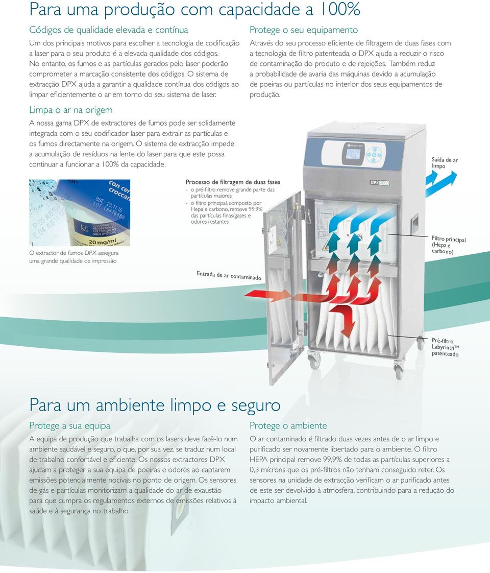 O sistema de extracção DPX ajuda a garantir a qualidade contínua dos códigos ao limpar eficientemente o ar em torno do seu sistema de laser.