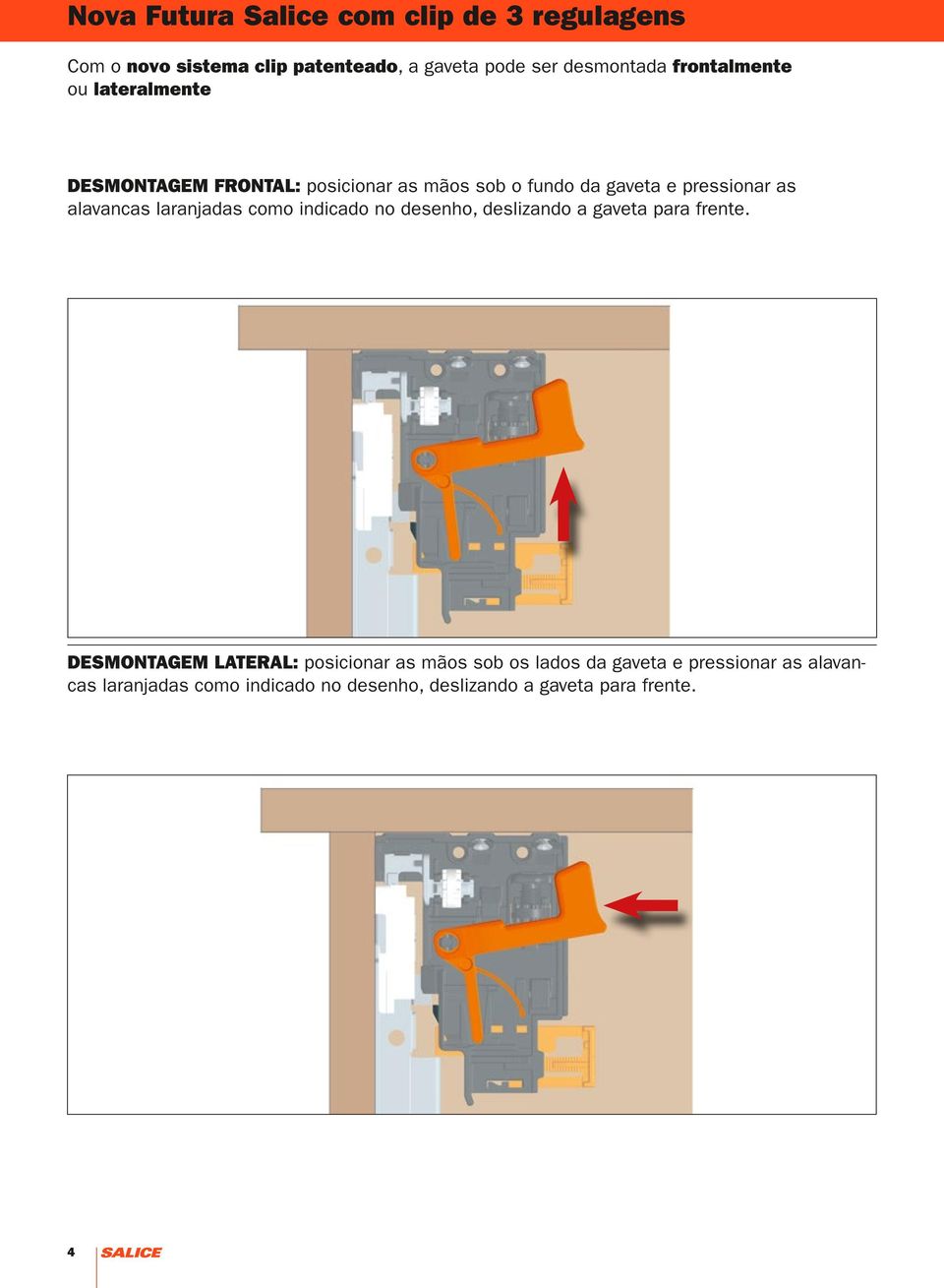 alavancas laranjadas como indicado no desenho, deslizando a gaveta para frente.