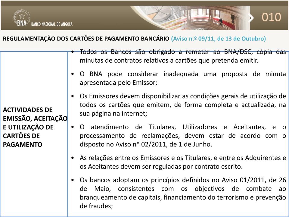 O BNA pode considerar inadequada uma proposta de minuta apresentada pelo Emissor; ACTIVIDADES DE EMISSÃO, ACEITAÇÃO E UTILIZAÇÃO DE CARTÕES DE PAGAMENTO Os Emissores devem disponibilizar as condições