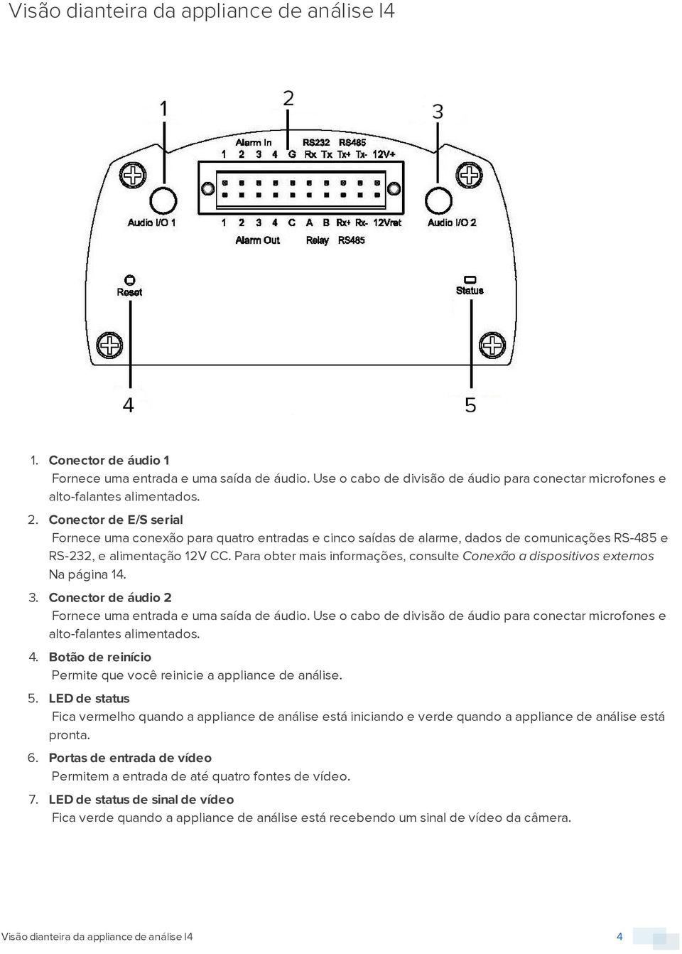 Para obter mais informações, consulte Conexão a dispositivos externos Na página 14. 3. Conector de áudio 2 Fornece uma entrada e uma saída de áudio.