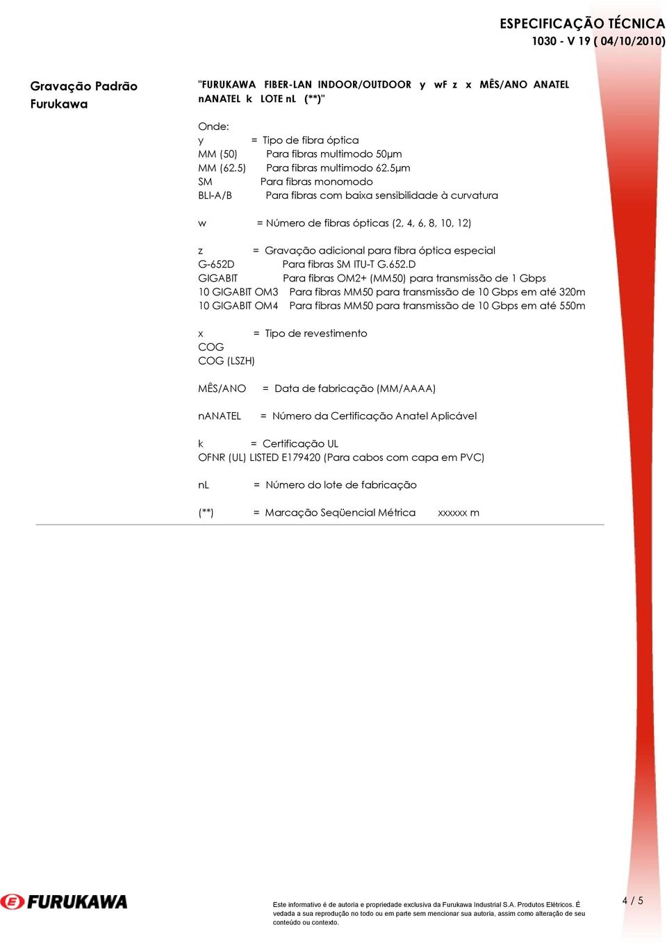 5µm SM Para fibras monomodo BLI-A/B Para fibras com baixa sensibilidade à curvatura w = Número de fibras ópticas (2, 4, 6, 8, 10, 12) z = Gravação adicional para fibra óptica especial G-652D Para