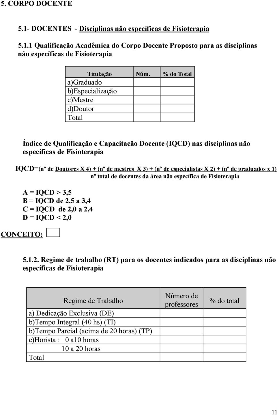 mestres X 3) + (nº de especialistas X 2) + (nº de graduados x 1) nº total de docentes da área não específica de Fisioterapia = IQCD > 3,5 B = IQCD de 2,5 a 3,4 C = IQCD de 2,0 a 2,4 D = IQCD < 2,0