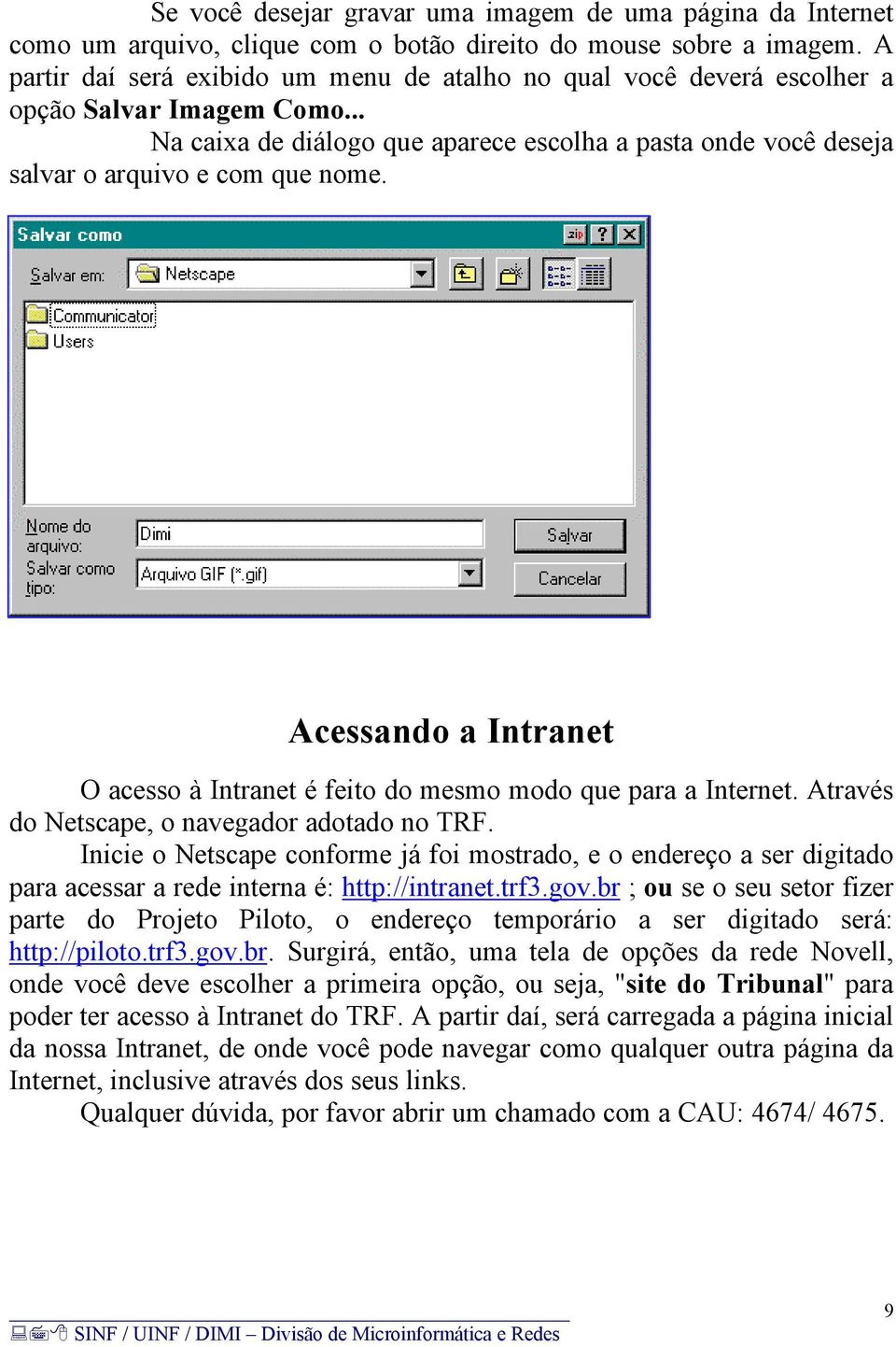 Acessando a Intranet O acesso à Intranet é feito do mesmo modo que para a Internet. Através do Netscape, o navegador adotado no TRF.