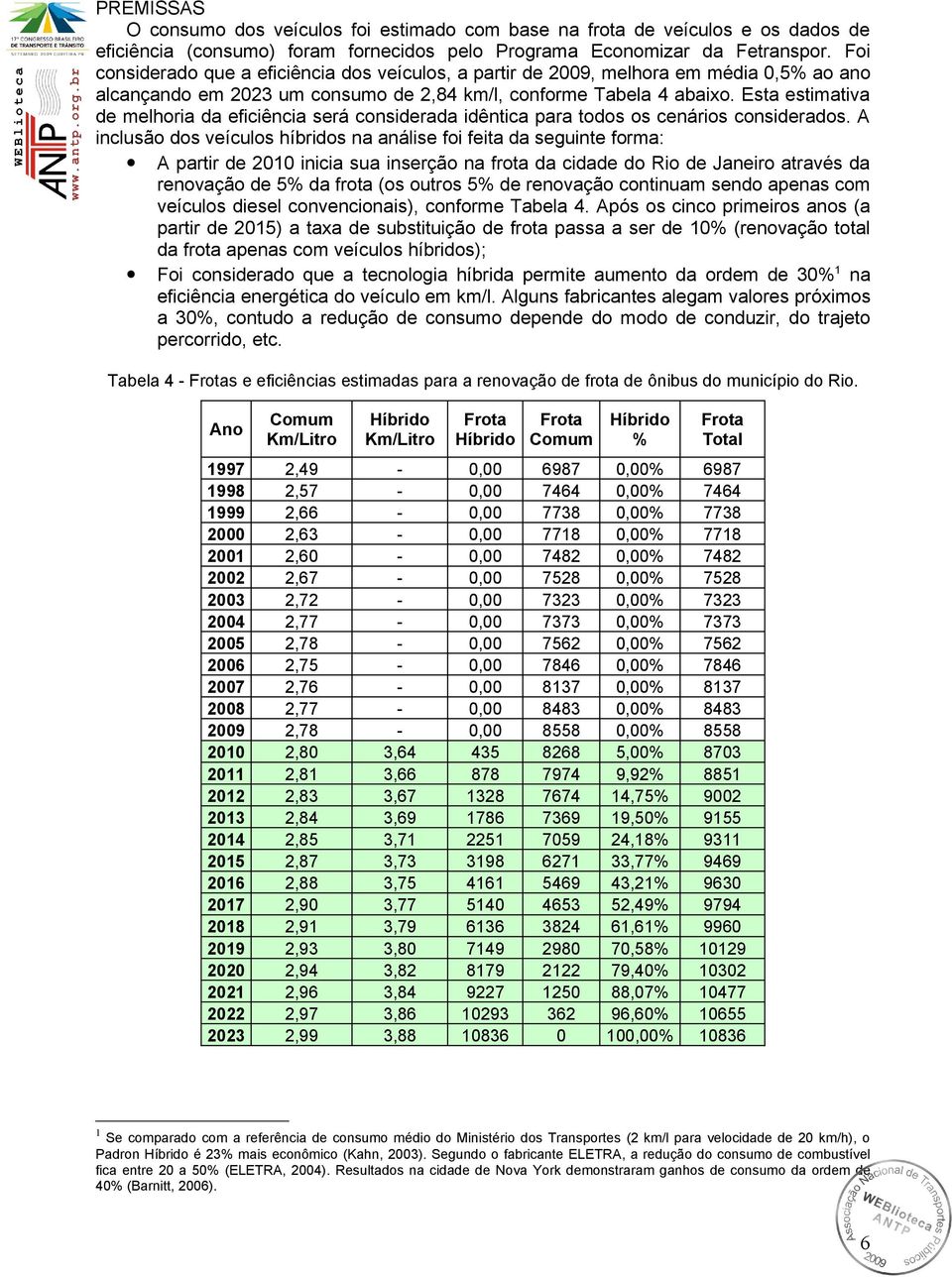 Esta estimativa de melhoria da eficiência será considerada idêntica para todos os cenários considerados.