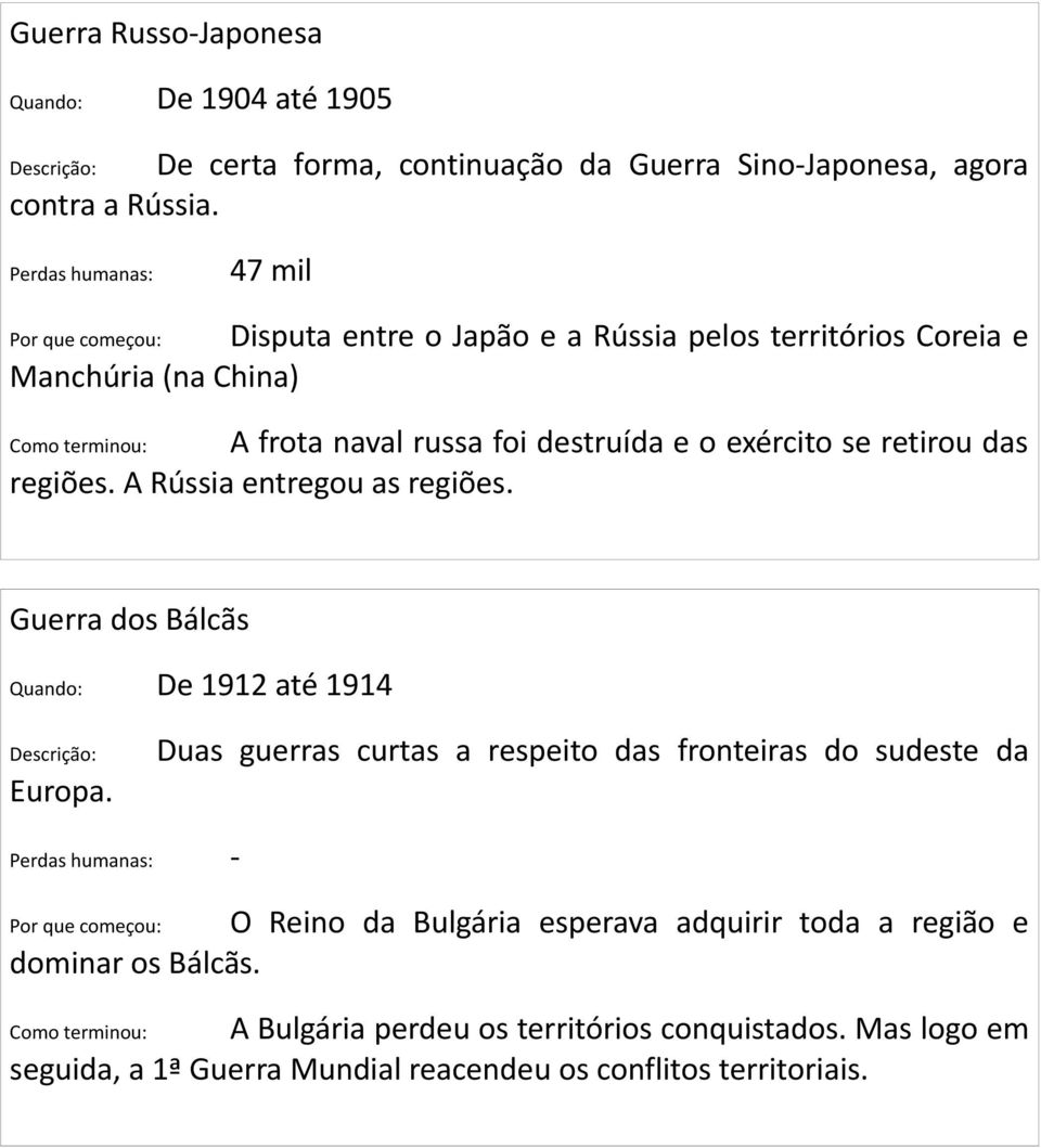 retirou das regiões. A Rússia entregou as regiões. Guerra dos Bálcãs Quando: De 1912 até 1914 Europa.