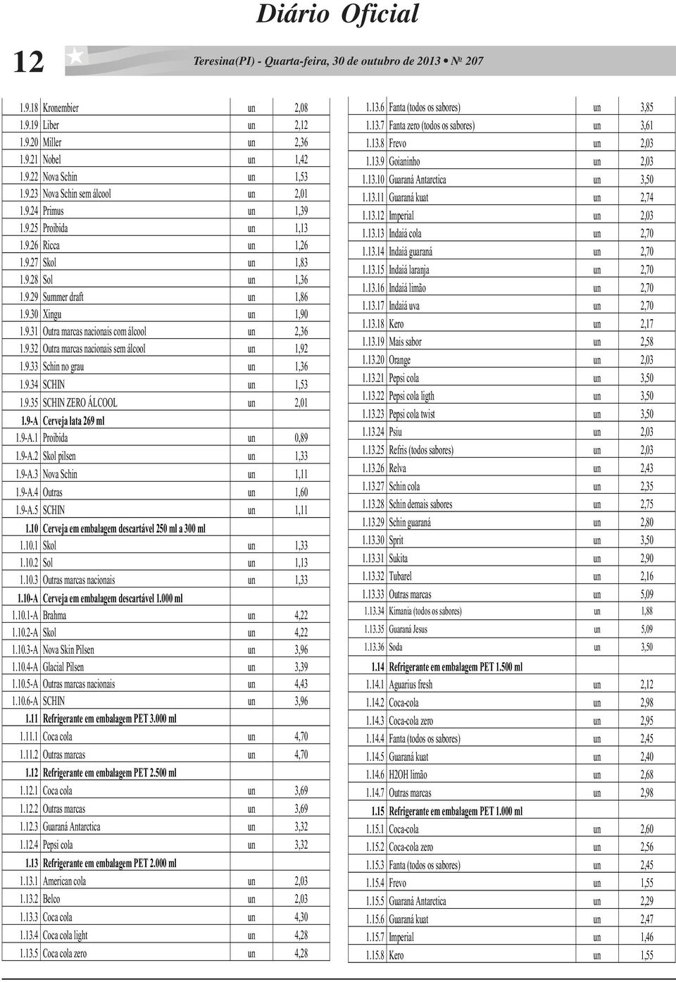 9.33 Schin no grau un 1,36 1.9.34 SCHIN un 1,53 1.9.35 SCHIN ZERO ÁLCOOL un 2,01 1.9-A Cerveja lata 269 ml 1.9-A.1 Proibida un 0,89 1.9-A.2 Skol pilsen un 1,33 1.9-A.3 Nova Schin un 1,11 1.9-A.4 Outras un 1,60 1.