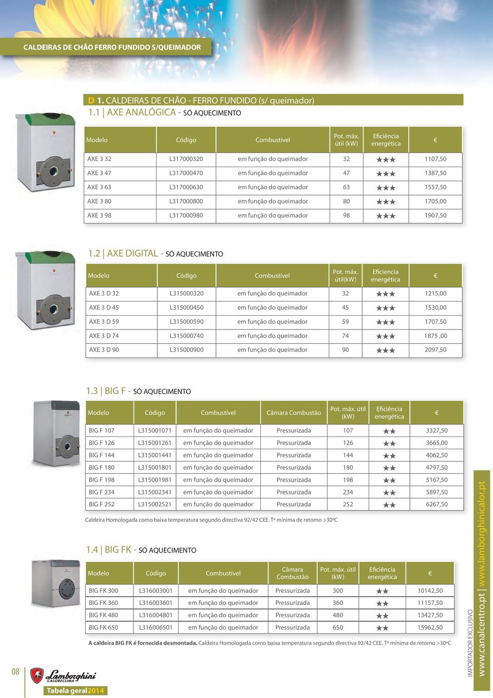 queimador 80 1705,00 AXE 3 98 L317000980 em função do queimador 98 1907,50 1.2 AXE DIGITAL - SÓ AQUECIMENTO Modelo Código Combustível Pot. máx.