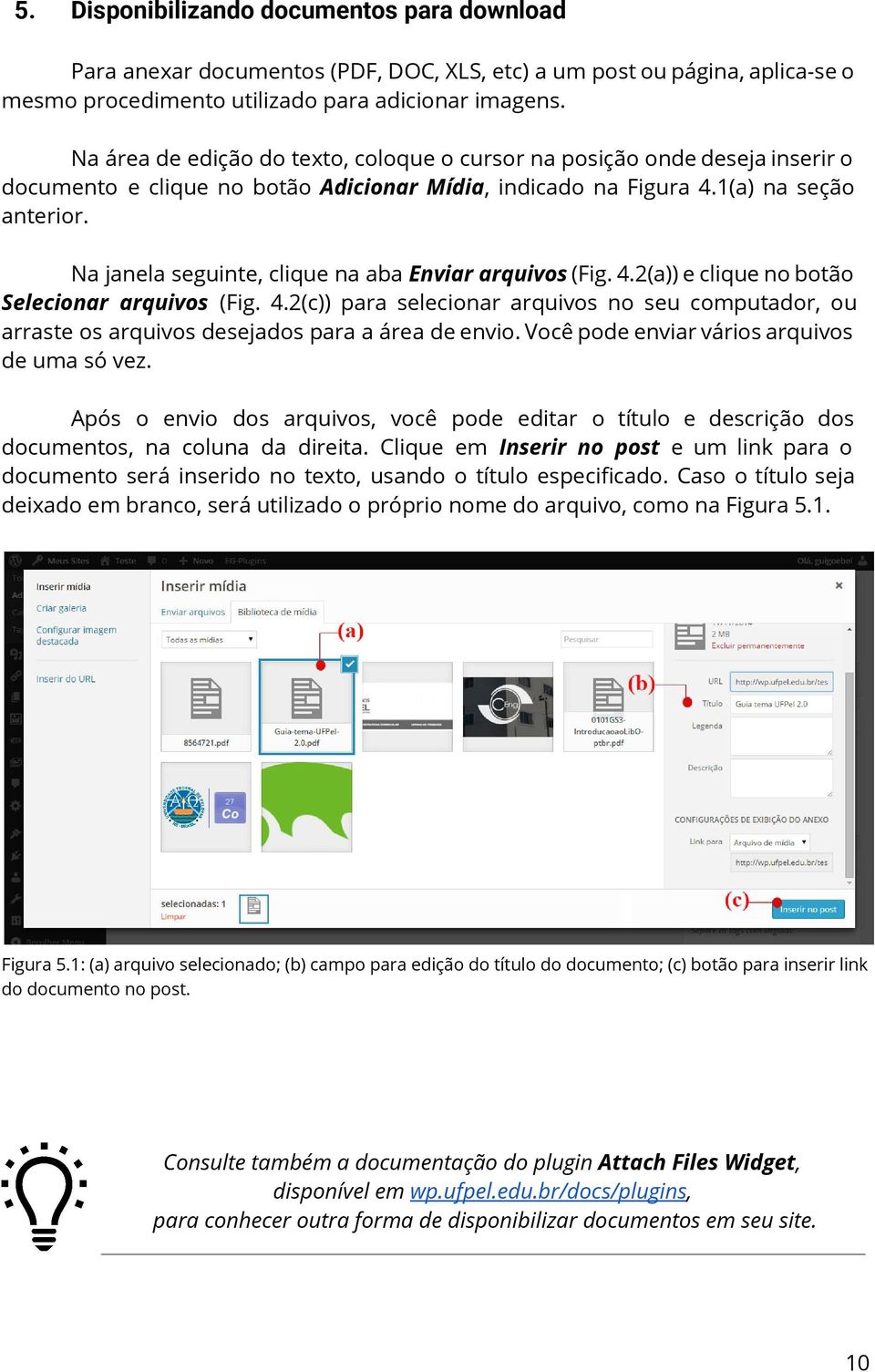 Na janela seguinte, clique na aba Enviar arquivos (Fig. 4.2(a)) e clique no botão Selecionar arquivos (Fig. 4.2(c)) para selecionar arquivos no seu computador, ou arraste os arquivos desejados para a área de envio.