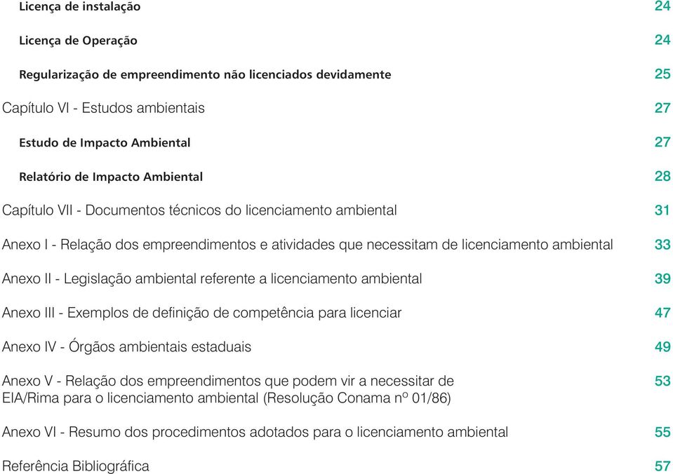 licenciamento ambiental Anexo III - Exemplos de definição de competência para licenciar Anexo IV - Órgãos ambientais estaduais Anexo V - Relação dos empreendimentos que podem vir a necessitar de