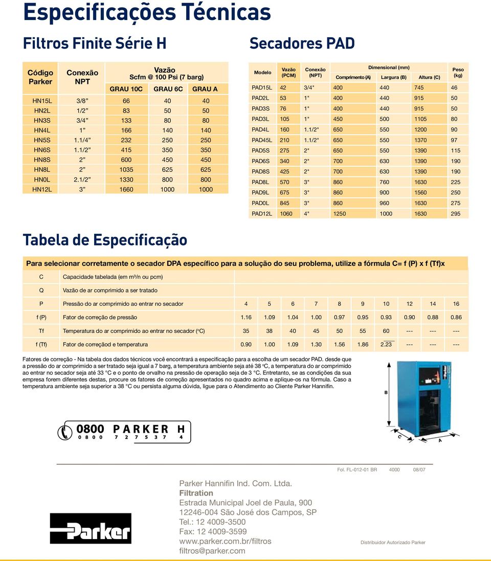 1/2 1330 800 800 HN12L 3 1660 1000 1000 Modelo Vazão (PCM) Conexão (NPT) Dimensional (mm) Comprimento (A) Largura (B) Altura (C) PAD15L 42 3/4" 400 440 745 46 PAD2L 53 1" 400 440 915 50 PAD3S 76 1"