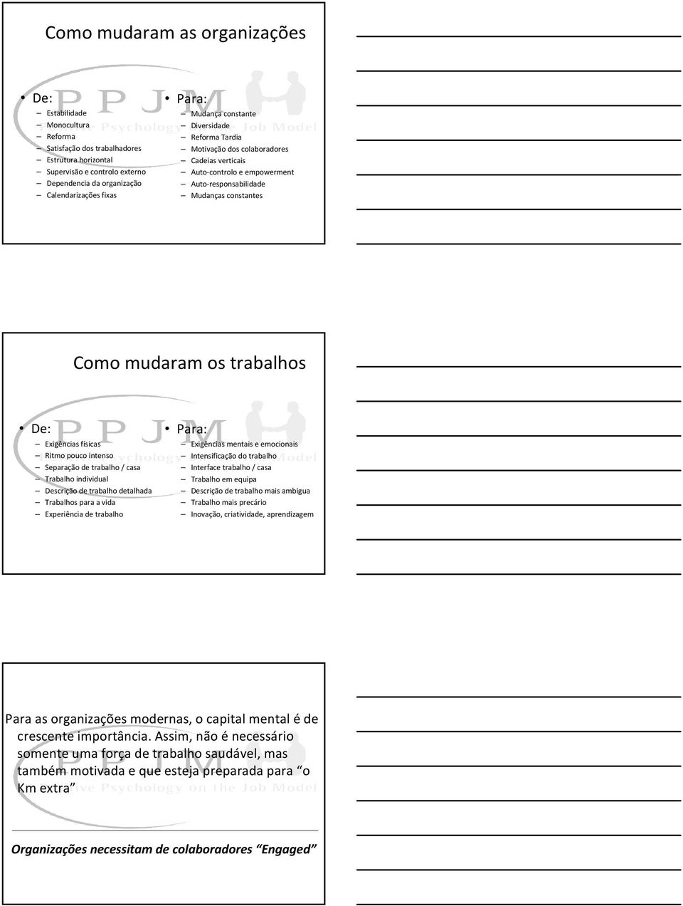 Exigências físicas Ritmo pouco intenso Separação de trabalho / casa Trabalho individual Descrição de trabalho detalhada Trabalhos para a vida Experiência de trabalho Para: Exigências mentais e