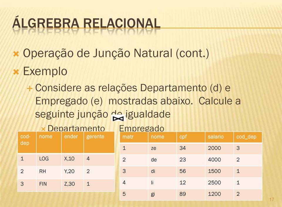 Calcule a seguinte junção de igualdade Departamento nome ender gerente Empregado matr nome