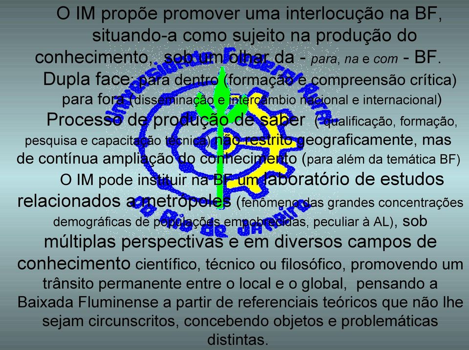 técnica) não restrito geograficamente, mas de contínua ampliação do conhecimento (para além da temática BF) O IM pode instituir na BF um laboratório de estudos relacionados a metrópoles (fenômeno das