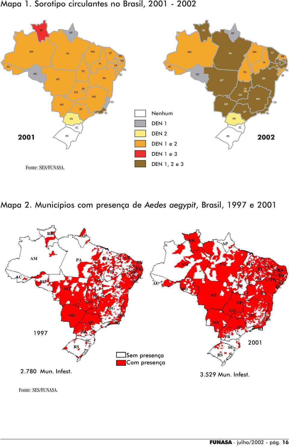 Mapa 2. Municípios com presença de Aedes aegypit, Brasil, 1997 e 2001 RR AP RR AP AC AM RO 1997 MT MS 2.780 Mun. Infest.