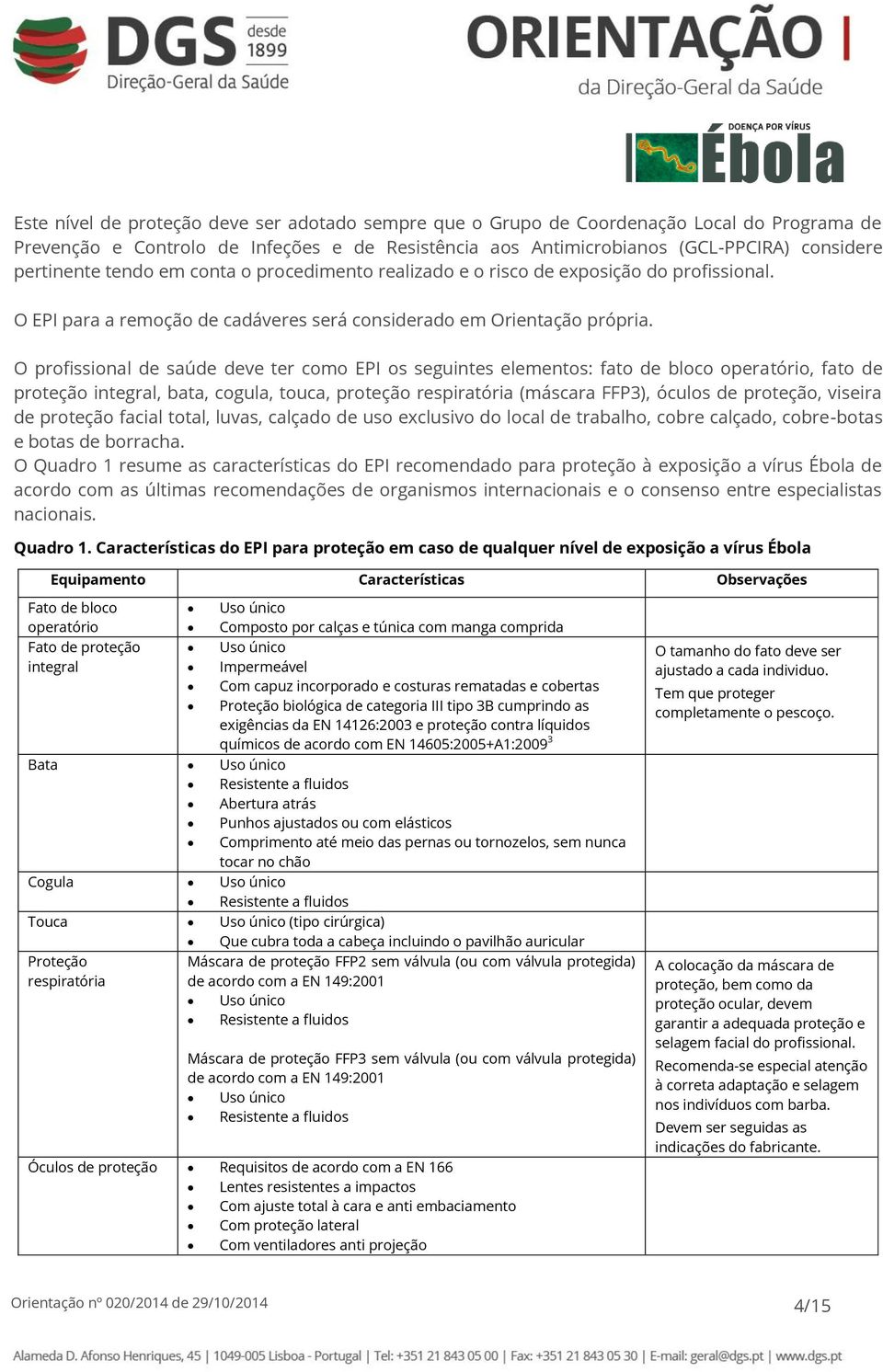 O profissional de saúde deve ter como EPI os seguintes elementos: fato de bloco operatório, fato de proteção integral, bata, cogula, touca, proteção respiratória (máscara FFP3), óculos de proteção,