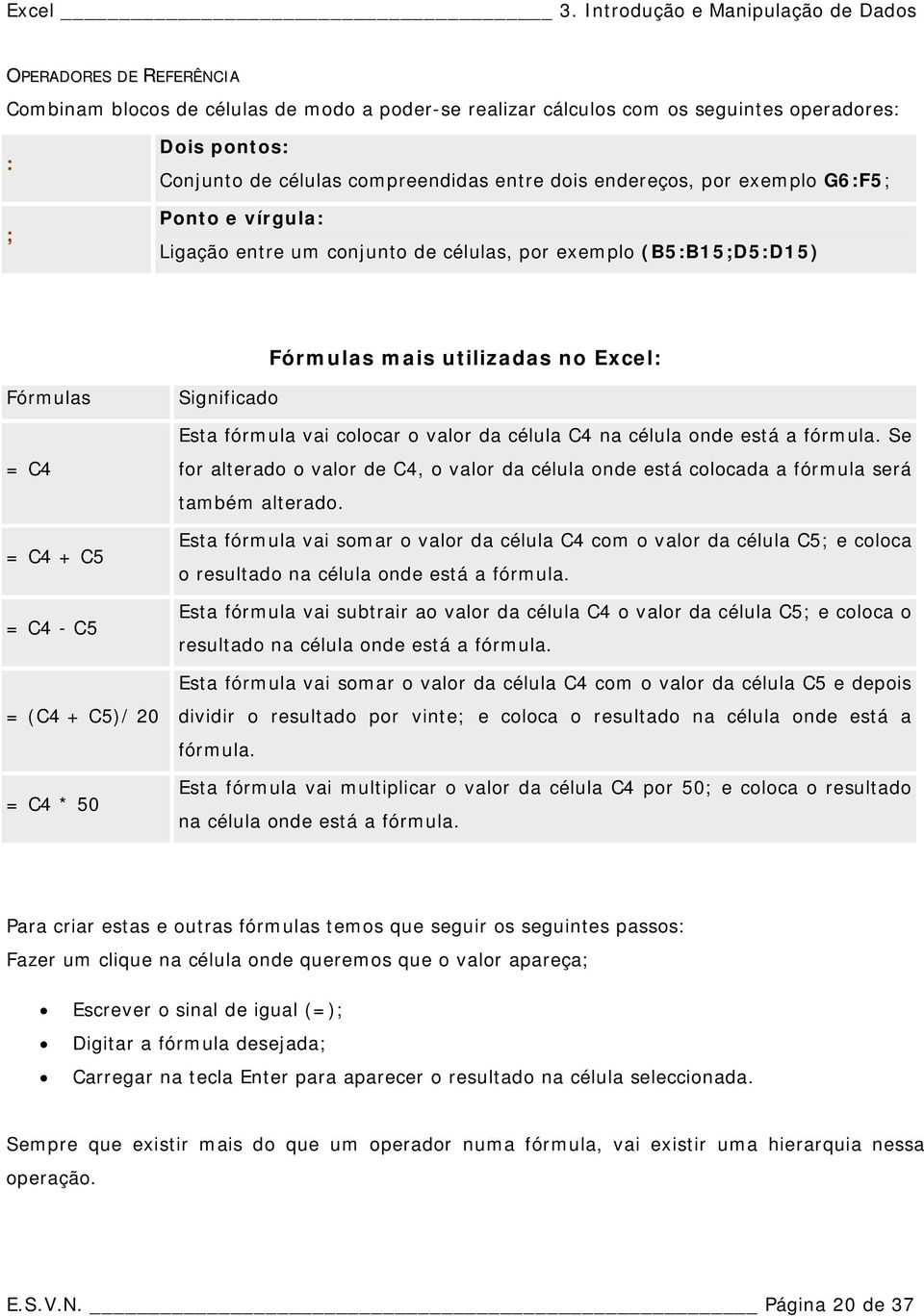 compreendidas entre dois endereços, por exemplo G6:F5; Ponto e vírgula: Ligação entre um conjunto de células, por exemplo (B5:B15;D5:D15) Fórmulas mais utilizadas no Excel: Fórmulas = C4 = C4 + C5 =