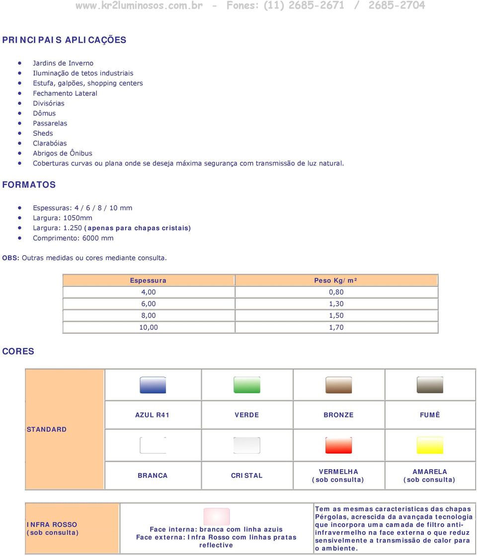 250 (apenas para chapas cristais) Comprimento: 6000 mm OBS: Outras medidas ou cores mediante consulta.