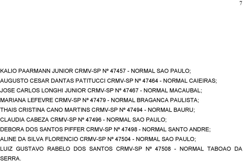 CRMV-SP Nº 47494 - NORMAL BAURU; CLAUDIA CABEZA CRMV-SP Nº 47496 - NORMAL SAO PAULO; DEBORA DOS SANTOS PIFFER CRMV-SP Nº 47498 - NORMAL