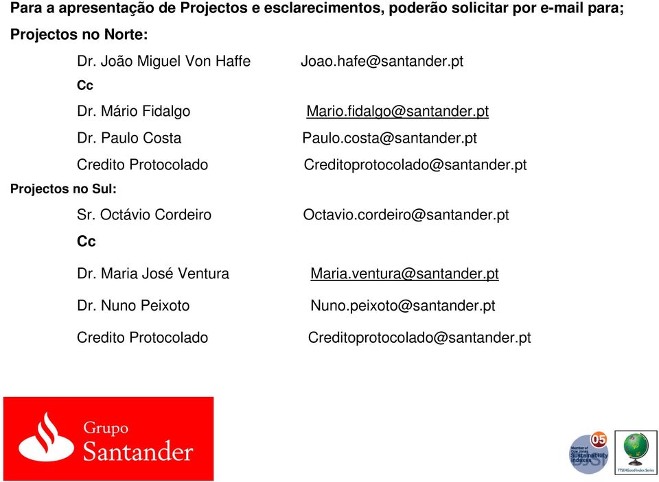 Paulo Costa Paulo.costa@santander.pt Credito Protocolado Creditoprotocolado@santander.pt Sr. Octávio Cordeiro Octavio.