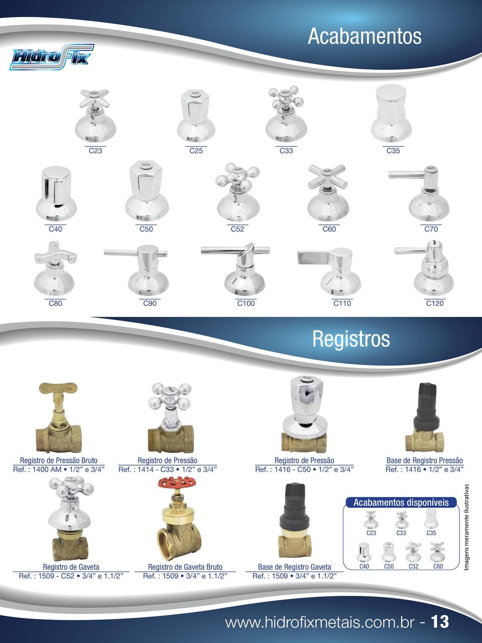 : 1416 - C50 1/2 e 3/4 Base de Registro Pressão Ref. : 1416 1/2 e 3/4 Registro de Gaveta Ref. : 1509 - C52 3/4 e 1.