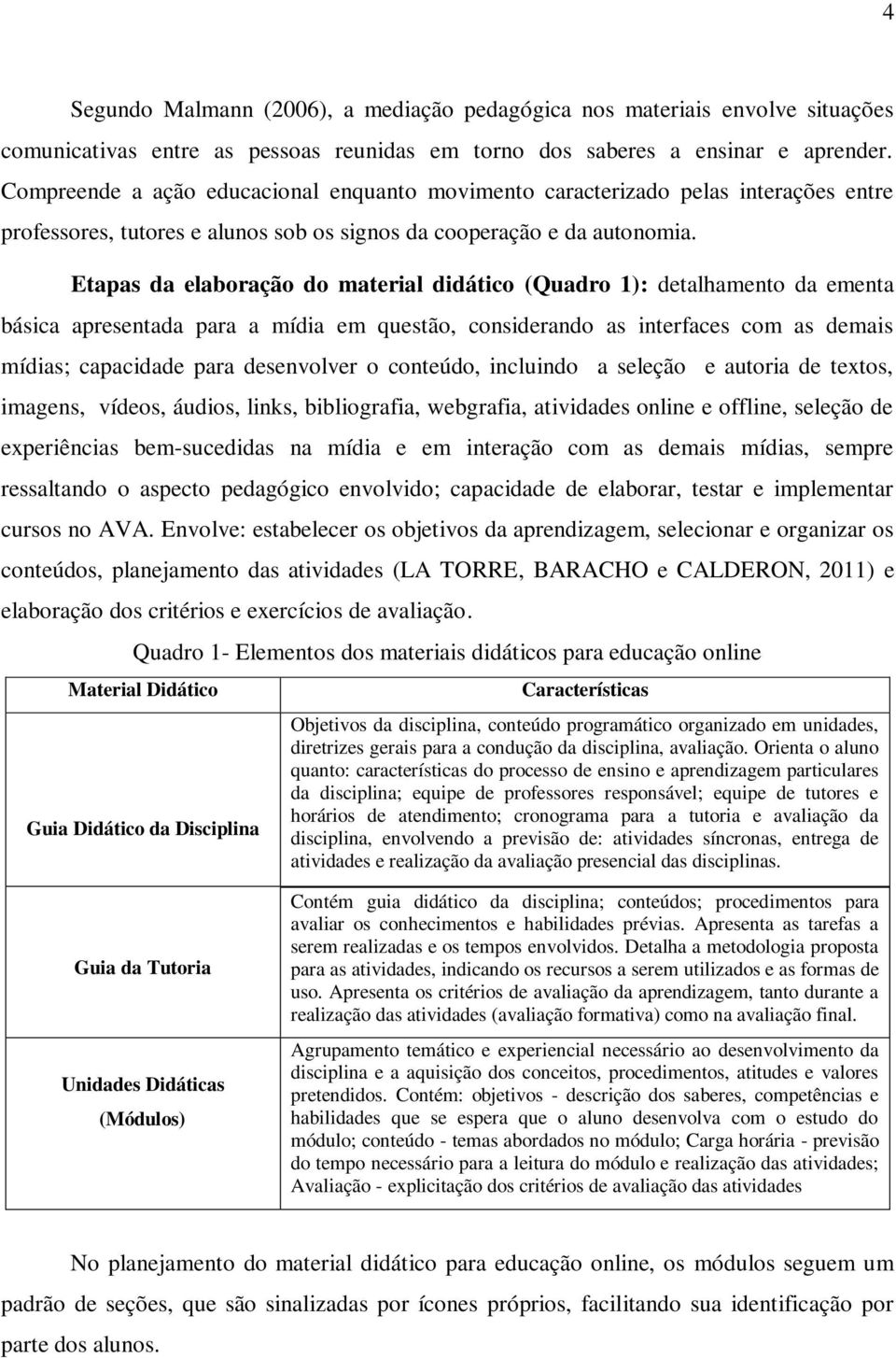 Etapas da elaboração do material didático (Quadro 1): detalhamento da ementa básica apresentada para a mídia em questão, considerando as interfaces com as demais mídias; capacidade para desenvolver o