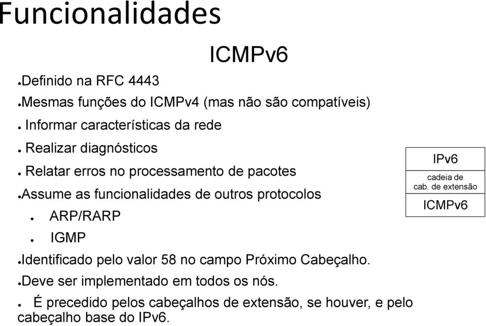 outros protocolos ARP/RARP IGMP Identificado pelo valor 58 no campo Próximo Cabeçalho.