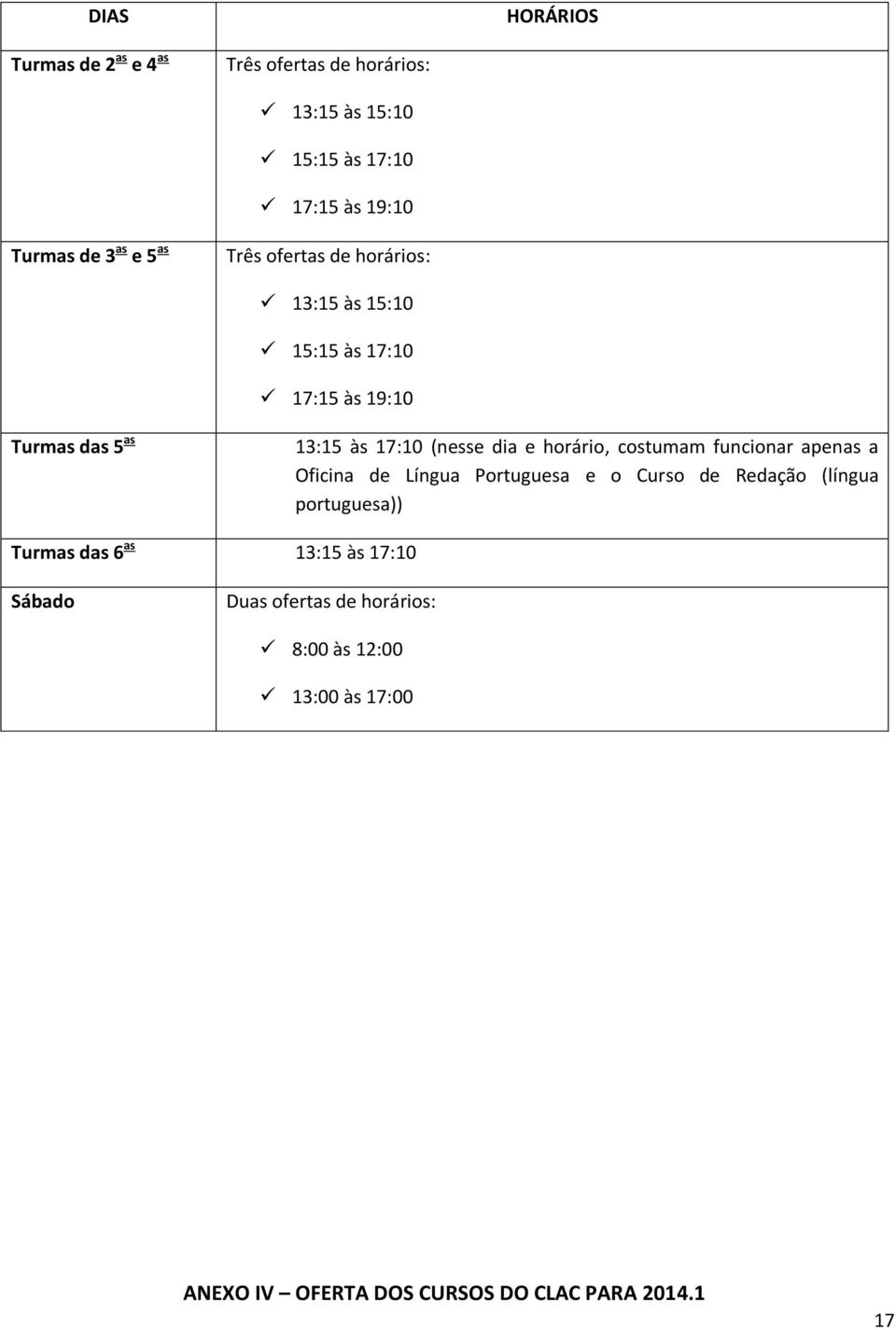 horário, costumam funcionar apenas a Oficina de Língua Portuguesa e o Curso de Redação (língua portuguesa)) Turmas das 6 as