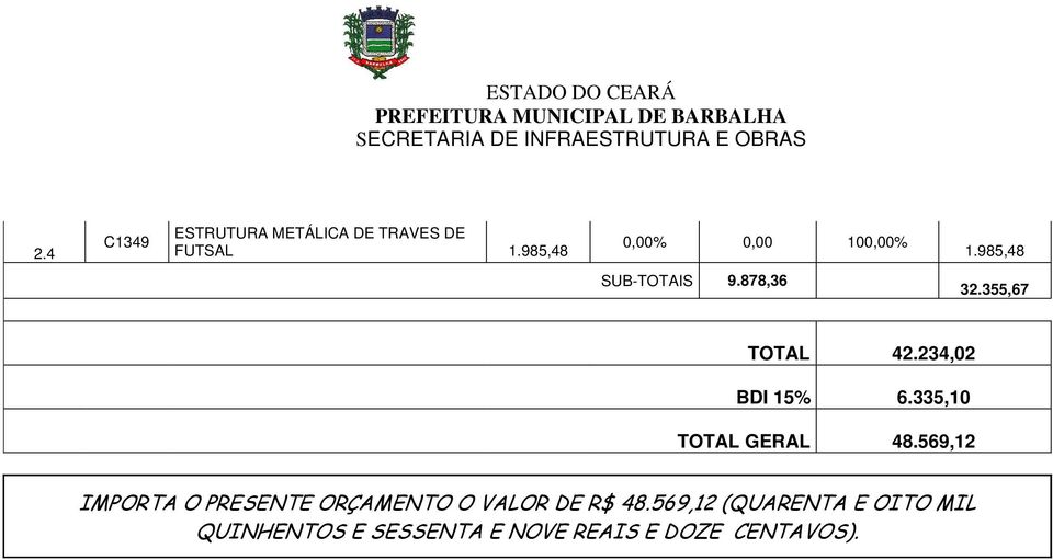 234,02 BDI 15% 6.335,10 TOTAL GERAL 48.