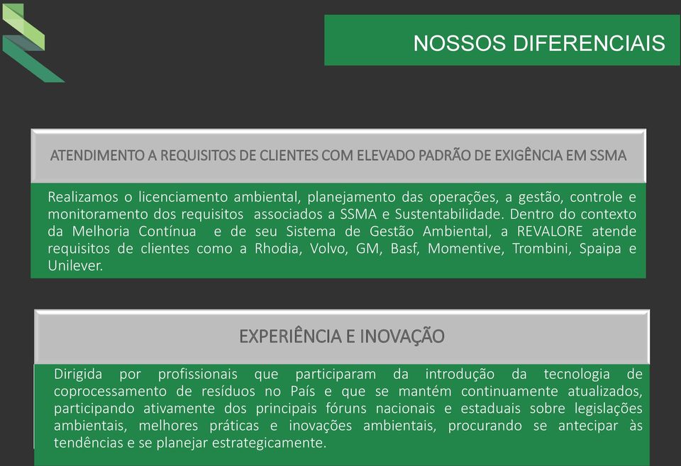 Dentro do contexto da Melhoria Contínua e de seu Sistema de Gestão Ambiental, a REVALORE atende requisitos de clientes como a Rhodia, Volvo, GM, Basf, Momentive, Trombini, Spaipa e Unilever.