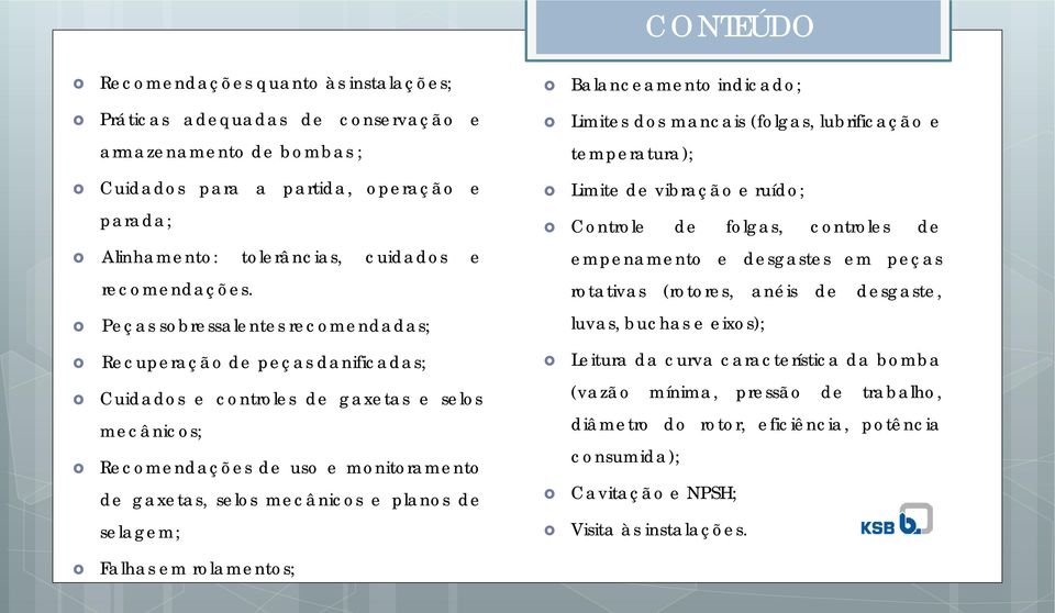 Peças sobressalentes recomendadas; Limite de vibração e ruído; Controle de folgas, controles de empenamento e desgastes em peças rotativas (rotores, anéis de desgaste, luvas, buchas e eixos);