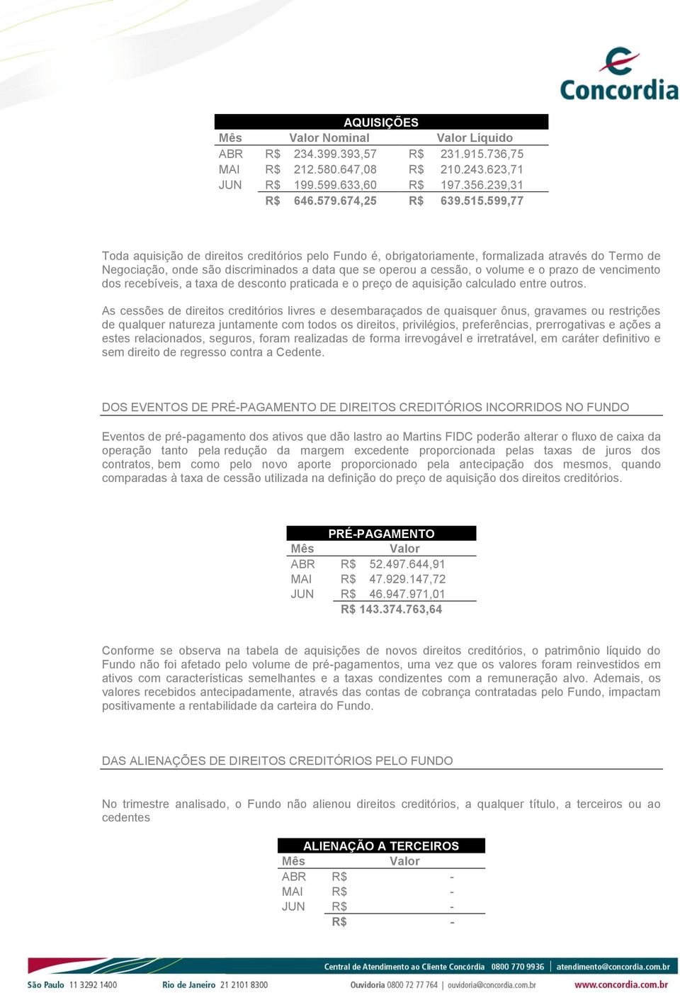 vencimento dos recebíveis, a taxa de desconto praticada e o preço de aquisição calculado entre outros.