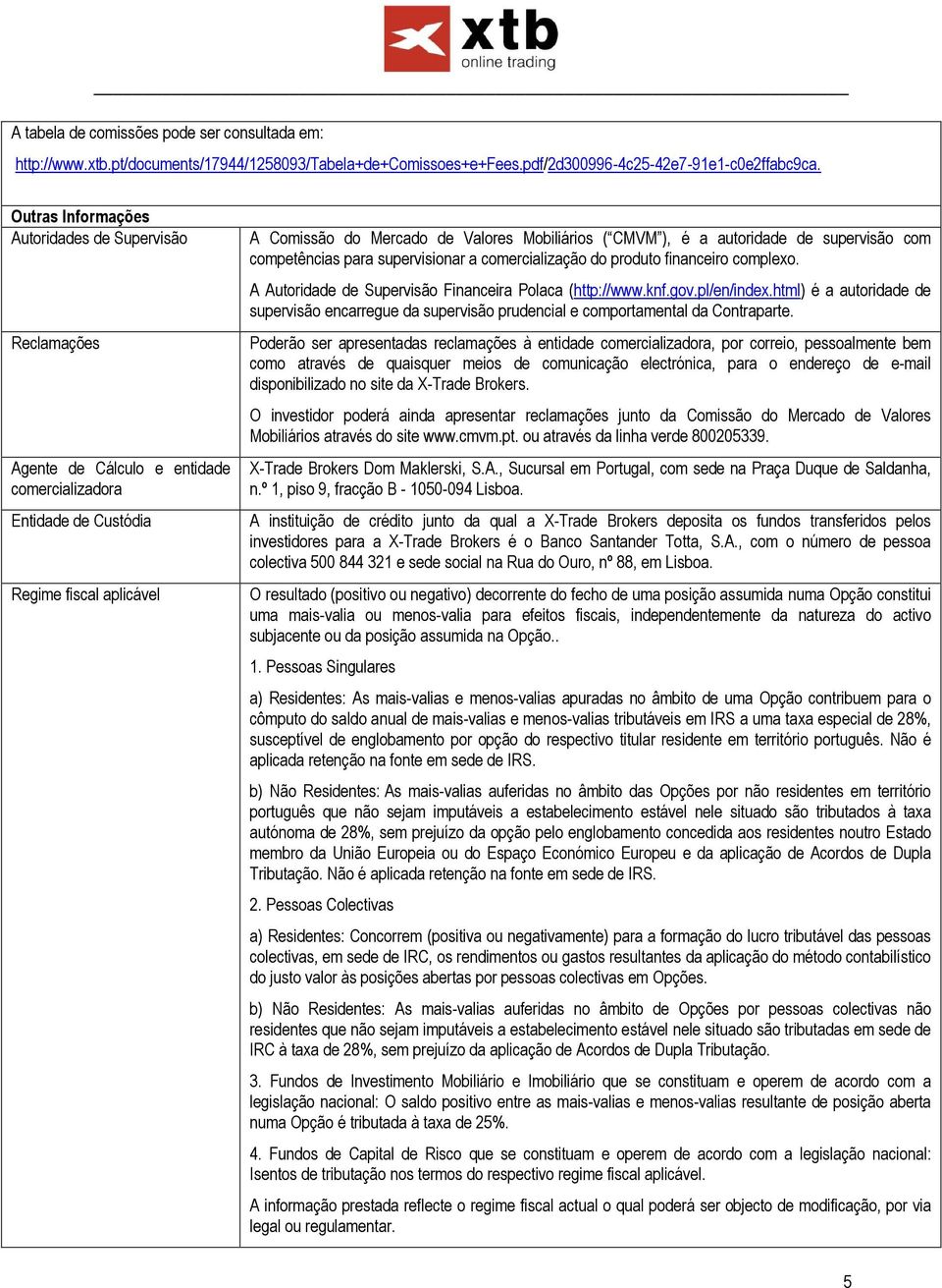 ), é a autoridade de supervisão com competências para supervisionar a comercialização do produto financeiro complexo. A Autoridade de Supervisão Financeira Polaca (http://www.knf.gov.pl/en/index.