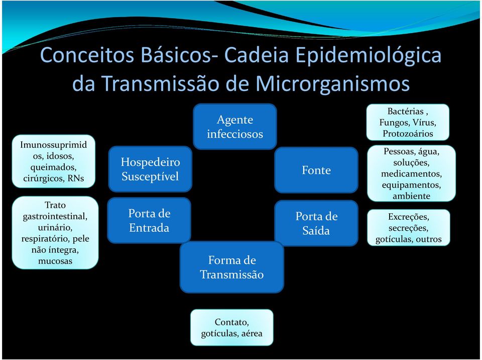 Porta de Entrada Agente infecciosos Forma de Transmissão Fonte Porta de Saída Bactérias, Fungos, Vírus, Protozoários