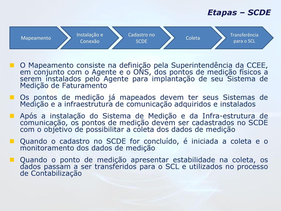 infraestrutura de comunicação adquiridos e instalados Após a instalação do Sistema de Medição e da Infra-estrutura de comunicação, os pontos de medição devem ser cadastrados no SCDE com o objetivo de