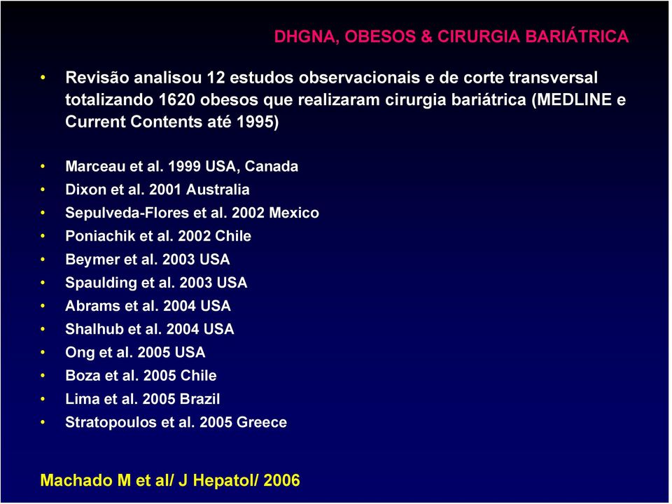 2002 Mexico Poniachik et al. 2002 Chile Beymer et al. 2003 USA Spaulding et al. 2003 USA Abrams et al. 2004 USA Shalhub et al.