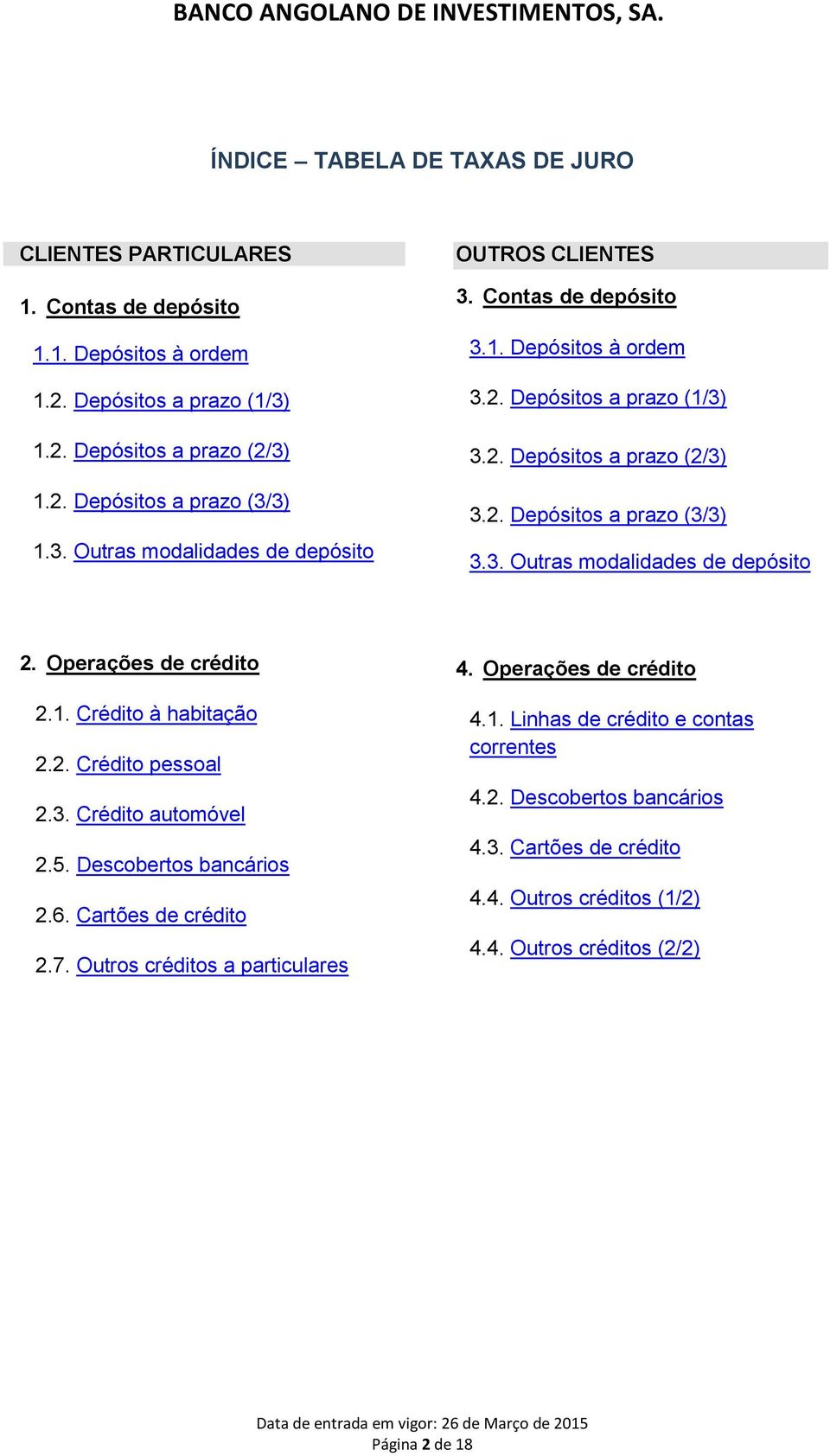 Operações de crédito 2.1. Crédito à habitação 2.2. Crédito pessoal 2.3. Crédito automóvel 2.5. Descobertos bancários 2.6. Cartões de crédito 2.7. Outros créditos a particulares 4.