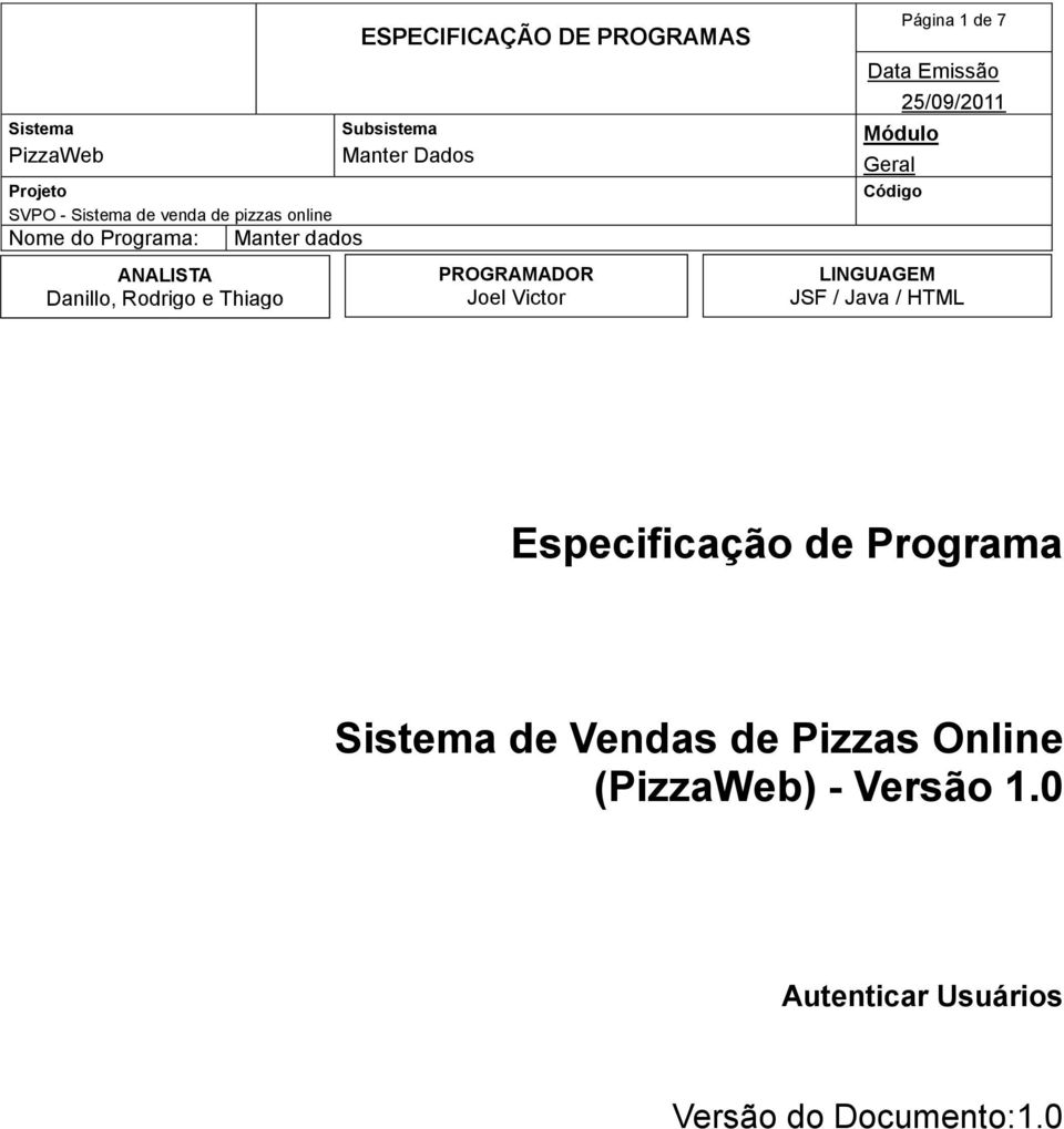 Pizzas Online () - Versão 1.