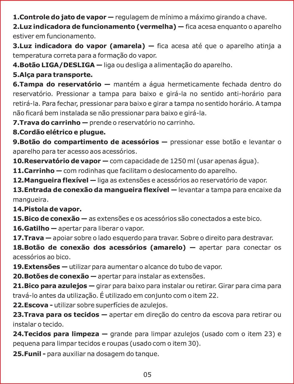 Alça para transporte. 6.Tampa do reservatório mantém a água hermeticamente fechada dentro do reservatório. Pressionar a tampa para baixo e girá-la no sentido anti-horário para retirá-la.